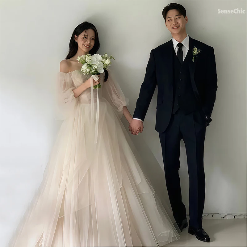 

Милые свадебные платья Корейский тюль с длинными пышными рукавами и открытыми плечами Платье невесты по индивидуальному заказу