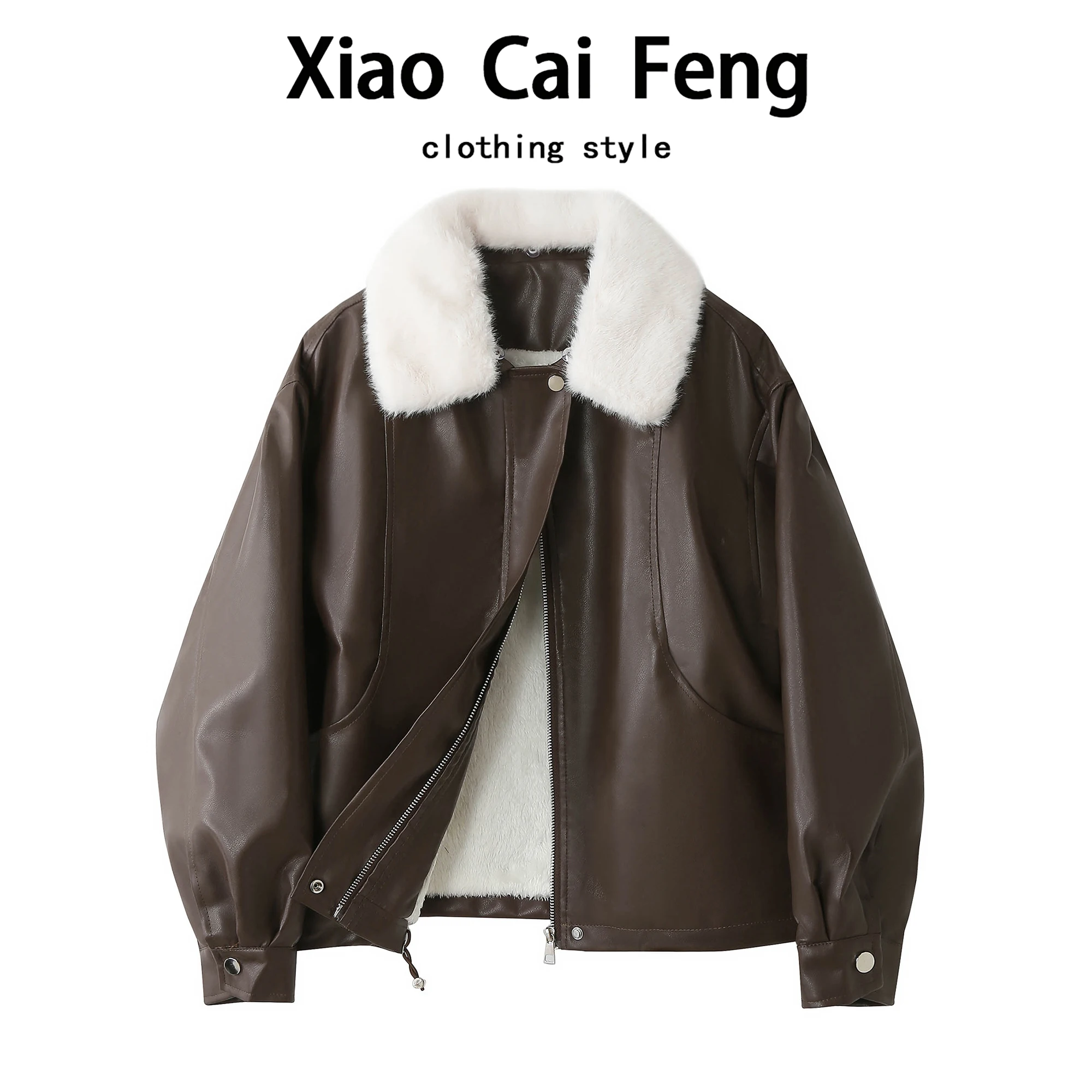 Women's Fleece Lined Thickened Leather Jacket Winter Vintage Warm Coat with Large Fur Collar Fashionable All Match Upper Body...