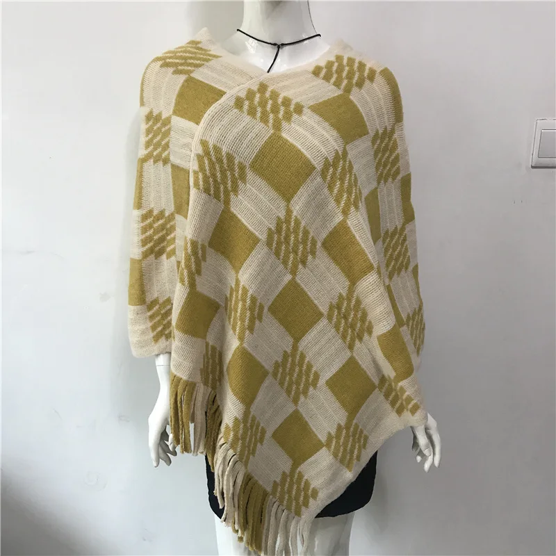 

Spring Autumn New National Style Cloak Air Conditioning Shawl Imitation Cashmere Scarf Female Plaid Lady Cloak Yellow