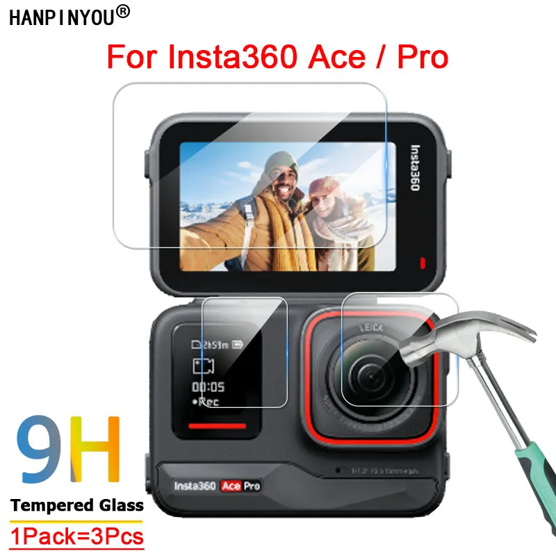 3 in 1 For Insta360 Ace / Pro Black Clear Ultra Slim Camera Lens / LCD Screen 2.5D Tempered Glass Protector Film For Insta 360