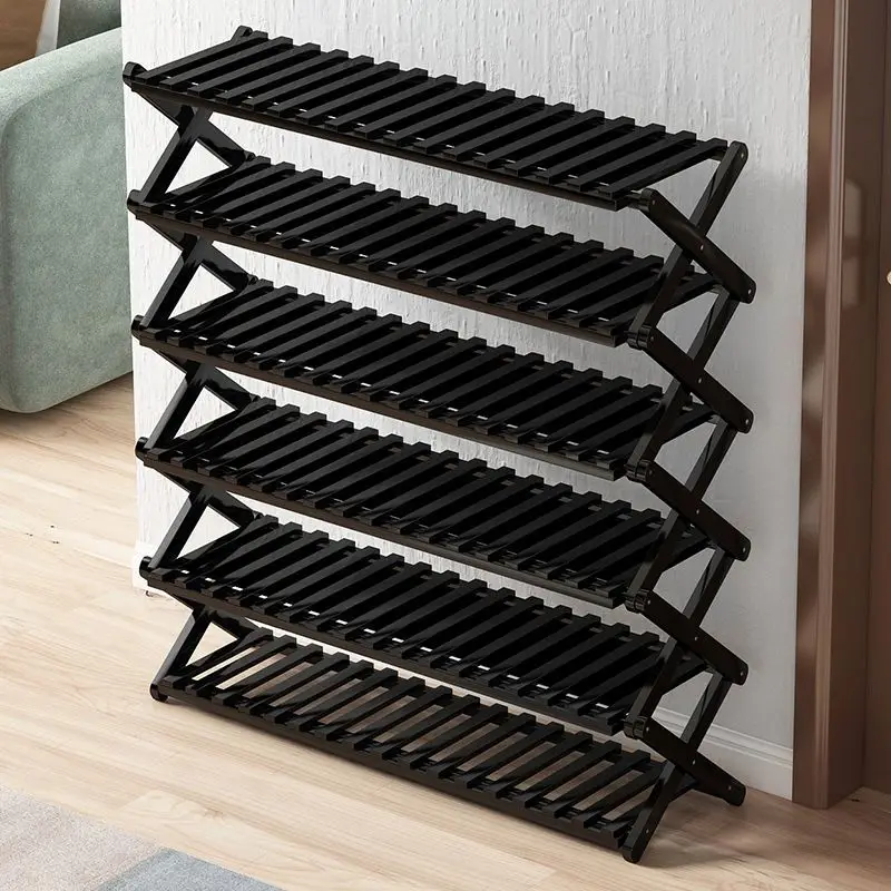 New Bamboo Folding Shoe Rack Free Installation Simple Home Indoor Good-looking Black Economical Multi-layer Solid Wood Shoe Cabi
