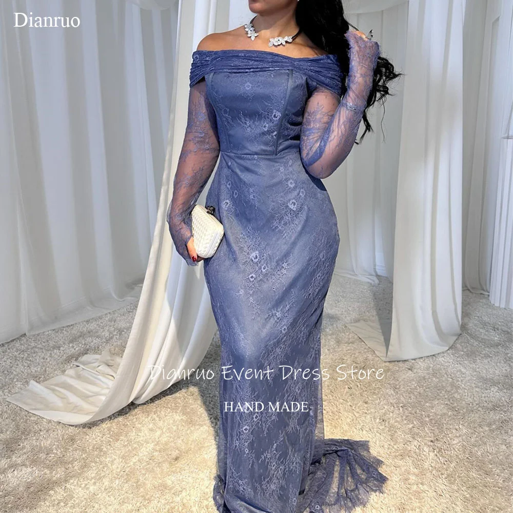 

Dianruo Off Shoulder Lace Evening Dresses Modern Appliques Maxi Vestido De Novia Mermaid Pleated Abendkleider Dubai Customized