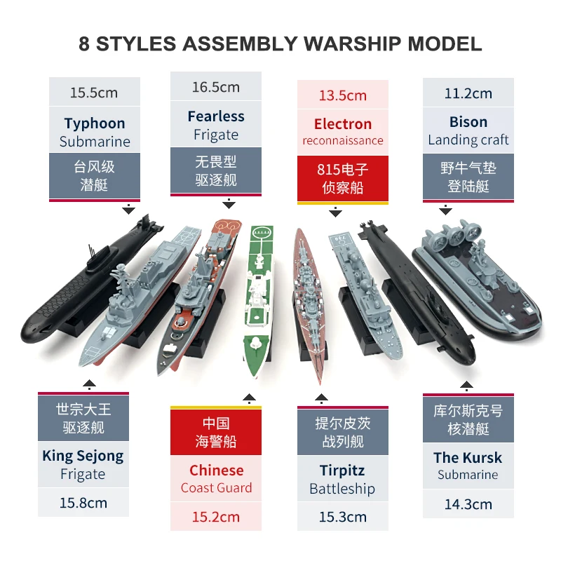 Kit de modèles de navire de guerre à assembler 4D 8 en 1, jouets de Simulation militaire avec destructeur, sous-marin, cadeau/Collection de navire de garde coastiale