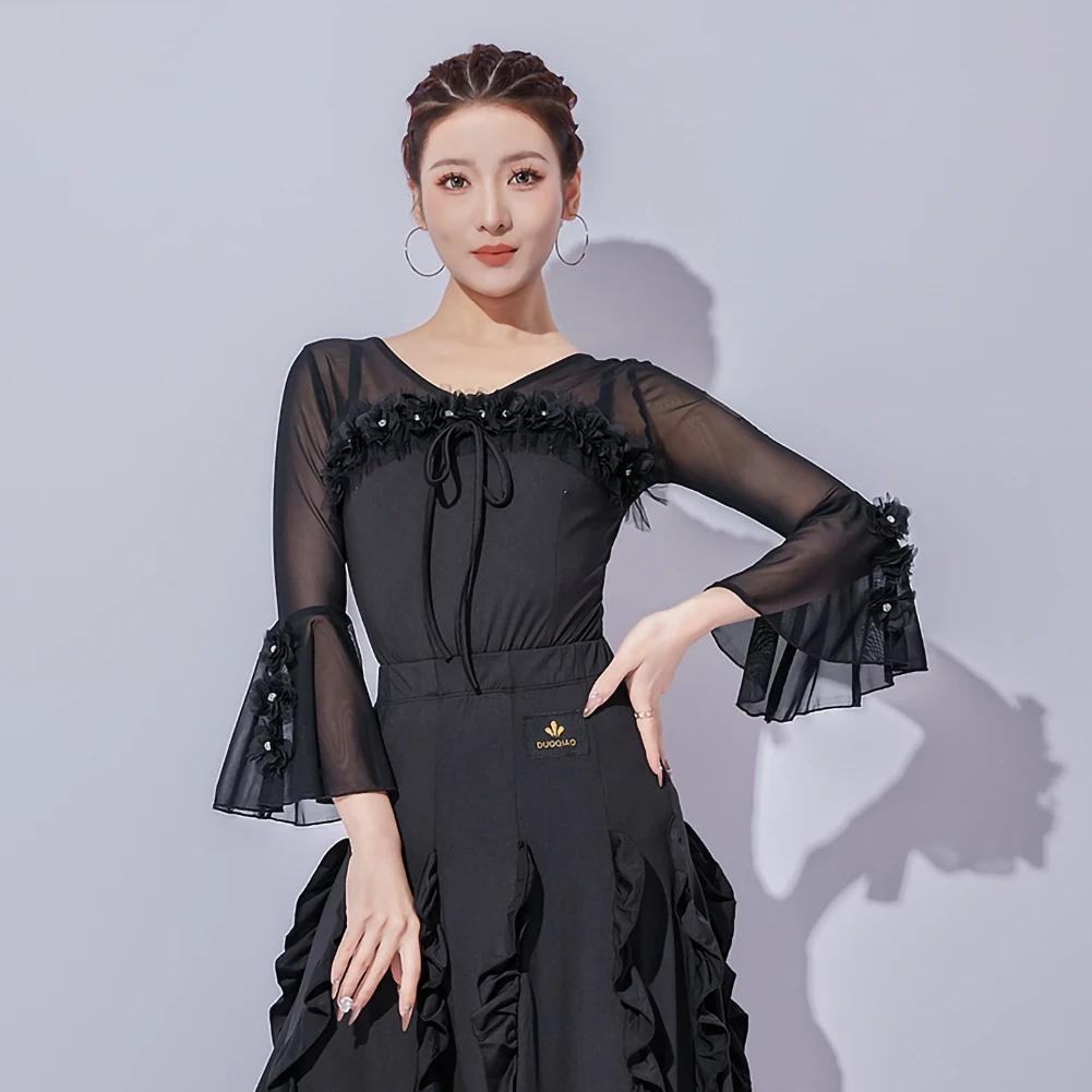 

Dancing Women's Long Sleeve Top V-Neck Line Dancing Women's Top Flared Sleeve Samba Red Ball Dress Fashion Milk Silk Black Top
