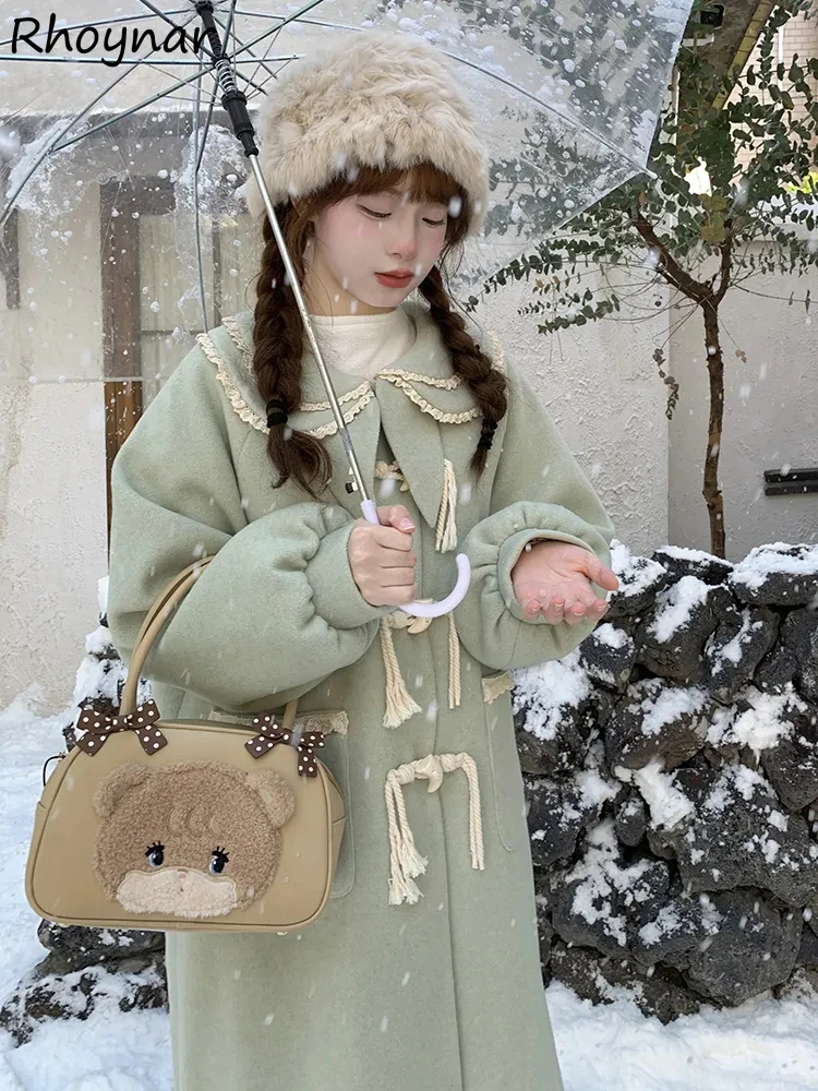 

Horn Buckle Blends Women Winter Preppy Style Plus Velvet Thicker Warm Cozy Casual All-match Korean Fashion Streetwear Overcoat