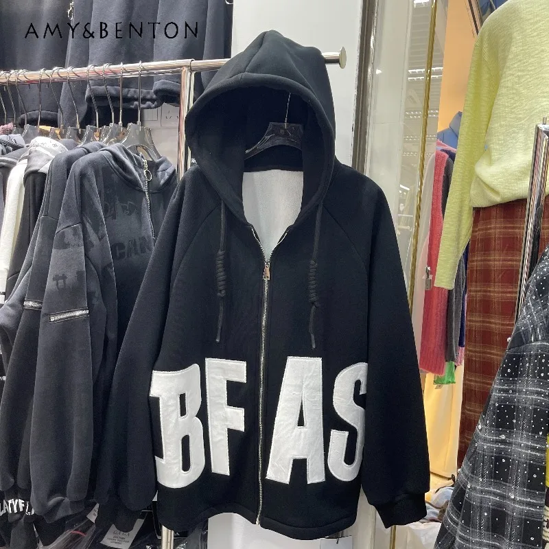 

Warm Fleece-Lined Sweatshirt Cardigan For Women's 2025 Winter New Personalized Letter Patch Embroidery Loose Mid-Length Jacket