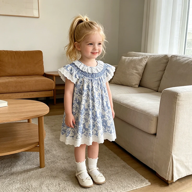 2026 Sommer Mädchen Neues Kleid mit Spitzenkragen 2-6 Jahre Mädchenkleid Baby Mädchen Rundhals Ärmelloses Kleid Modisches Blaues Kleid