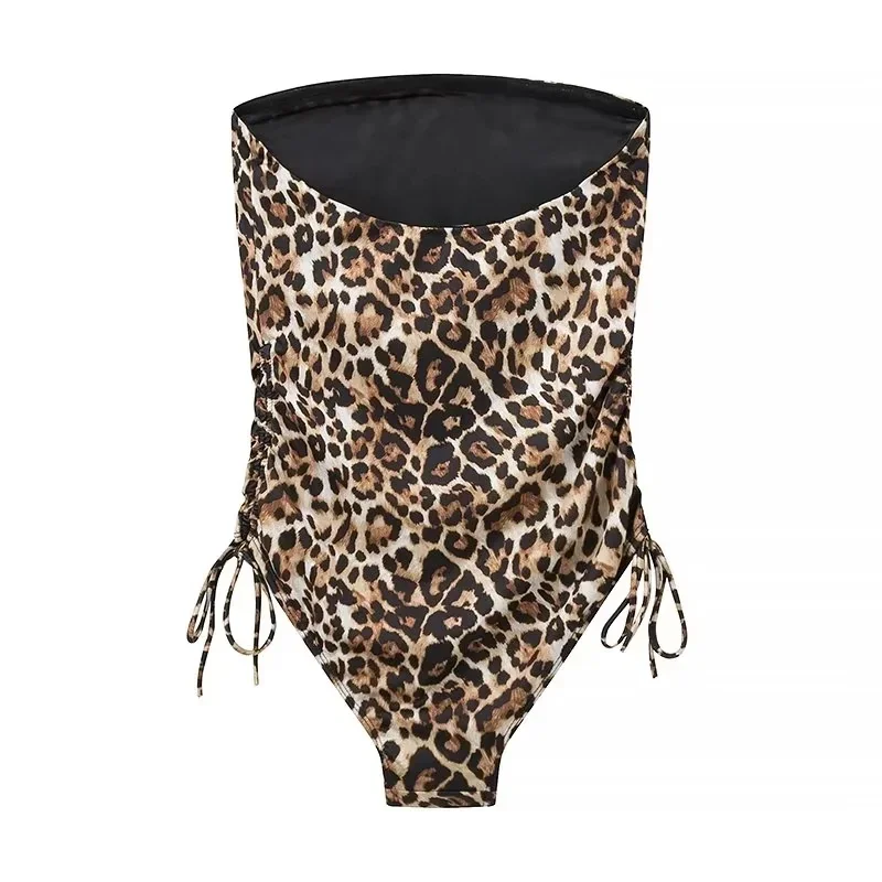 TRAF Leopard Corset Bodysuit Women Off Shoulder One Pieces Swimwear Summer Backless Sexy Lingerie Strapless Beach Thong Bodysuit