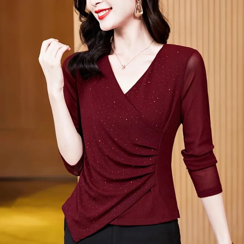 New Temperament Cross V-neck Rhinestone Mesh T-shirt Autumn Long Sleeved Women's Tops Designer Folded Slim Fit Irregular Shirt