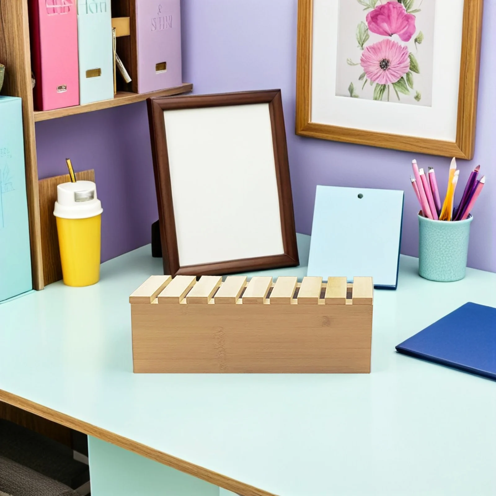 Boîte de rangement de table, gestionnaire de câbles de bureau en bois avec support de téléphone intégré pour cordons de chargement, Solution de stockage de multiprise