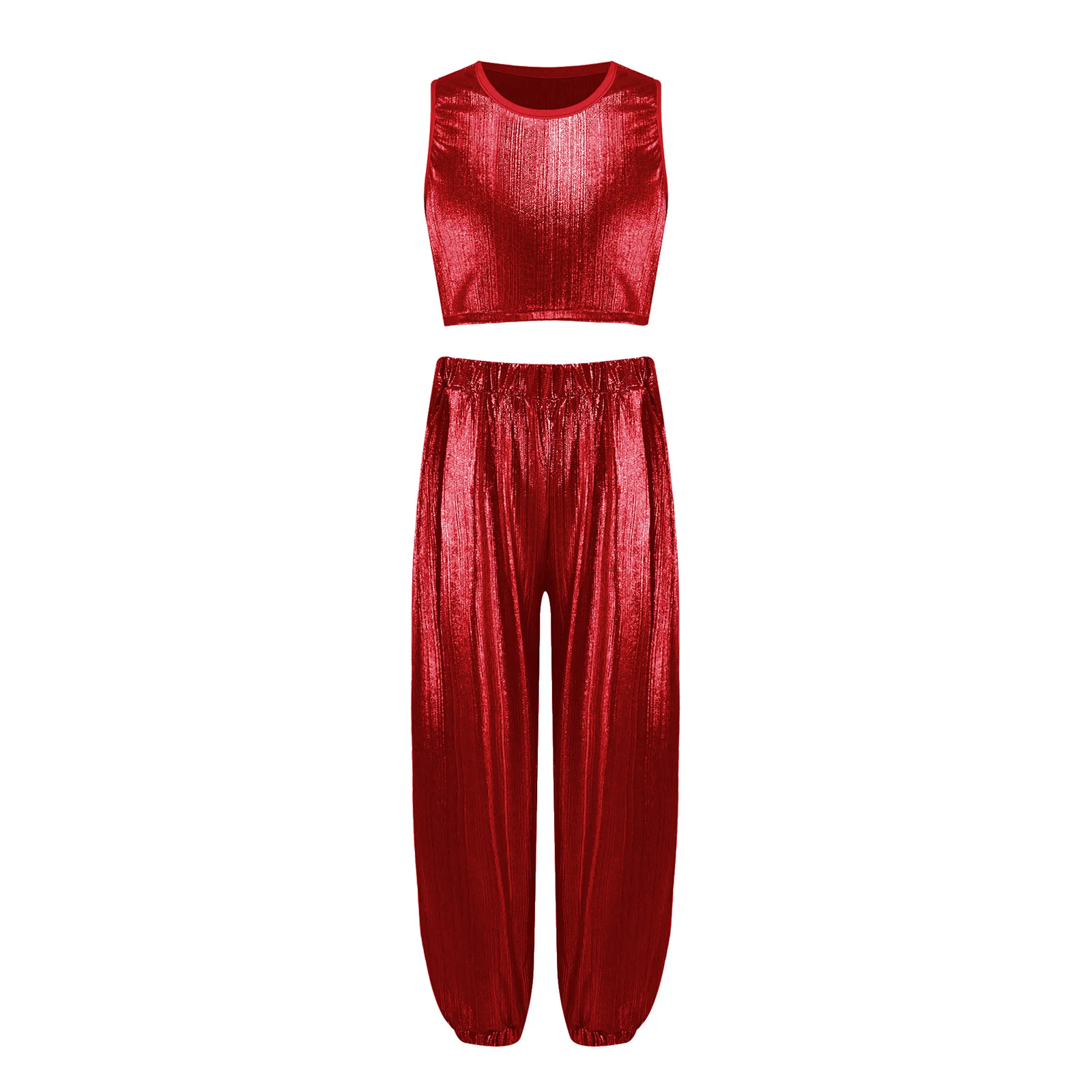 Kinder Mädchen Hip-Hop-Cheerleading-Auftritts-Kostüm Jazz-Tanz-Outfit Metallisch Geripptes Tanz-Outfit Ärmellose Weste mit Hose – Detail 22