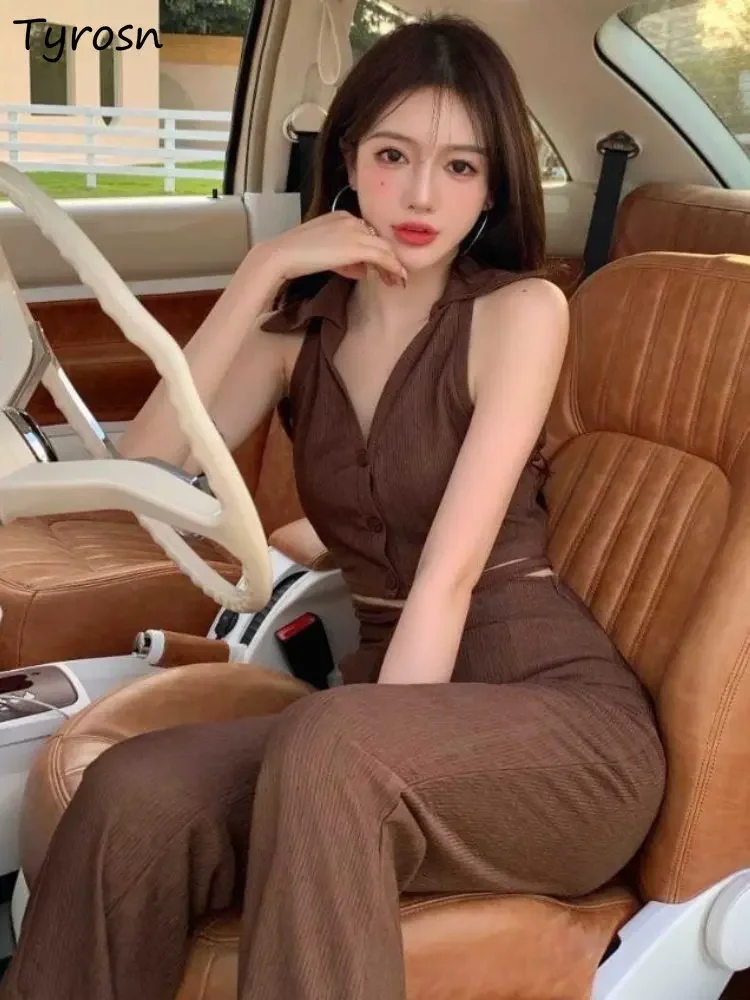 

Комплекты брюк на бретелях, женские однотонные, простые, шикарные, элегантные, летние, для отдыха, винтажный дизайн, модные женские комплекты с разрезом, с отложным воротником, корейский стиль