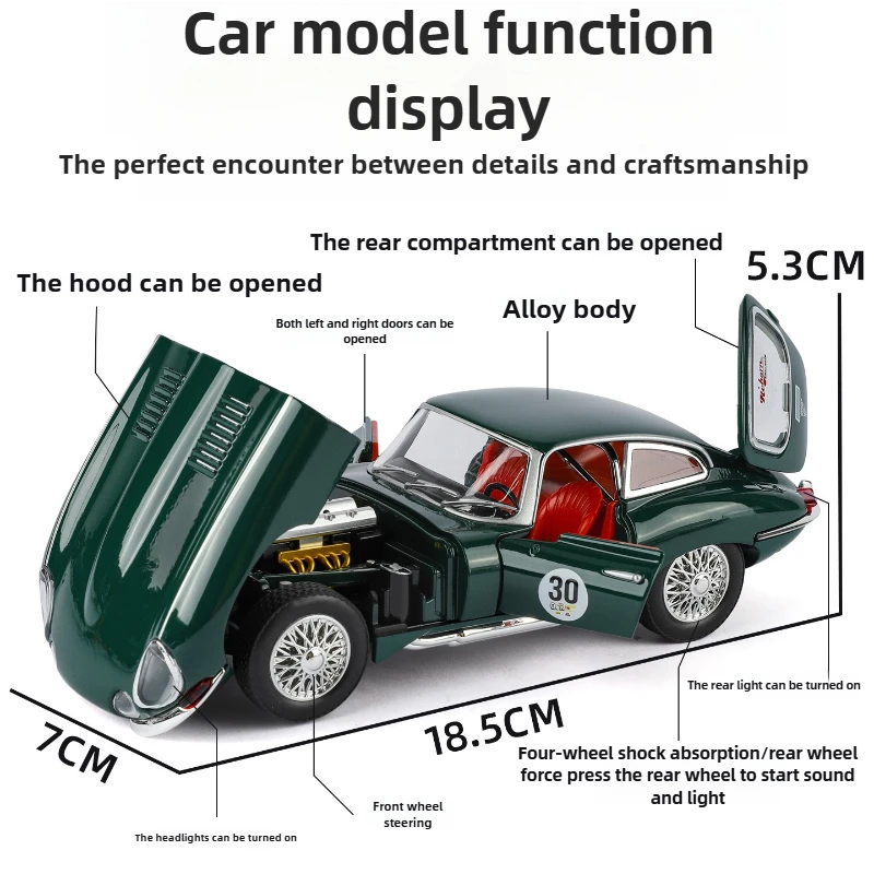 1:24 E-TYPE liga modelo de carro simulação retro vintage carro para crianças som luz série brinquedo presente tema decoração ornamento