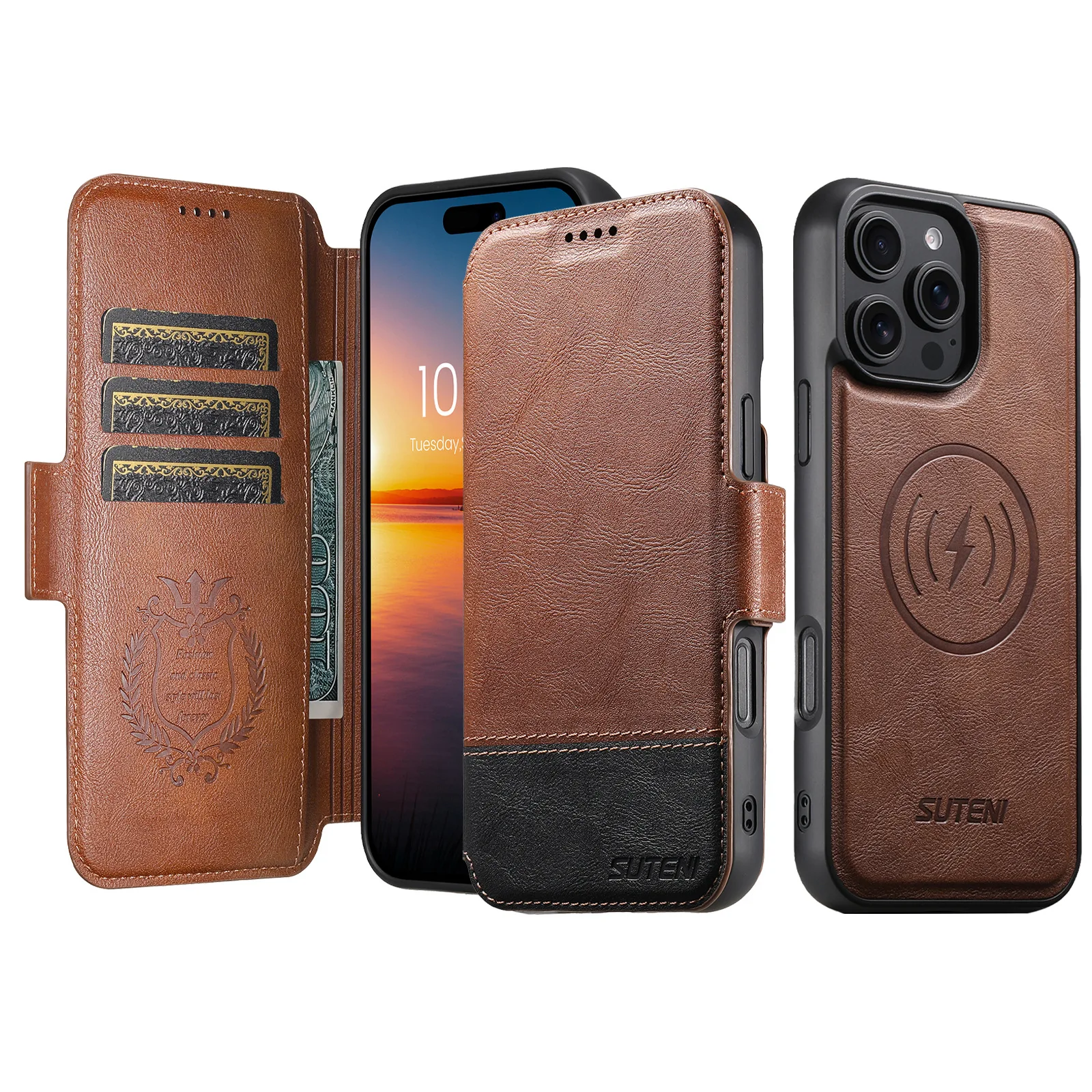 

Кожаный чехол Suteni с беспроводной зарядкой для Iphone 161 5 14 13 12 Pro Max Plus, флип-чехол-кошелек с сумкой-держателем для карт