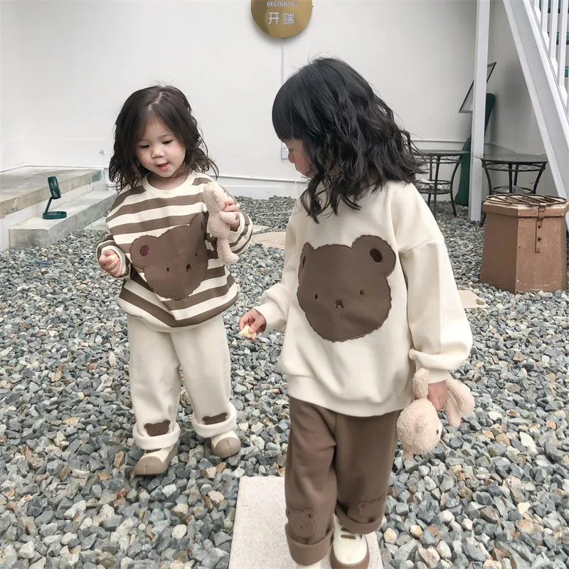 

Korean Style Big Bear Head Children's Striped Sweater Autumn New Cartoon Top Ins Style