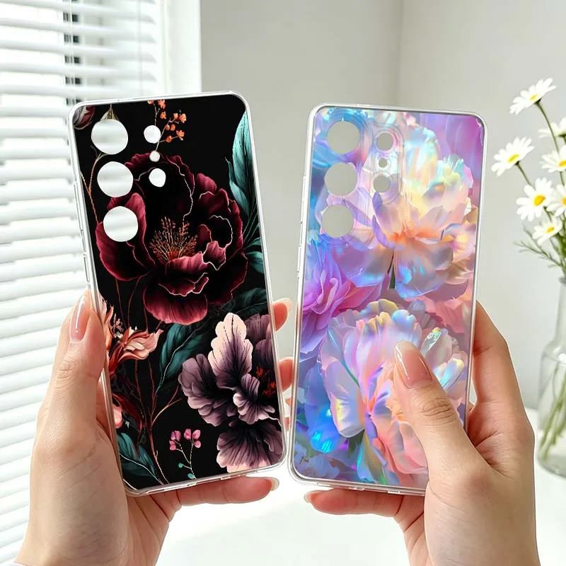 Luxury Floral Pattern Cover For Samsung Galaxy S26 S25 S24 S23 S22 S21 S20 Ultra Plus Edge FE Transparent Phone Case
