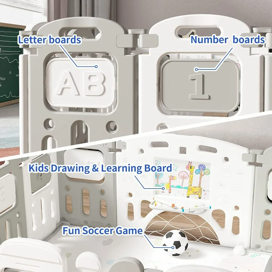 Baby Playpen, Foldable Kids Fence Activity Center, Safety Playard with Games Station Non-Slip Rubber Bases, Adjustable Shape, Po