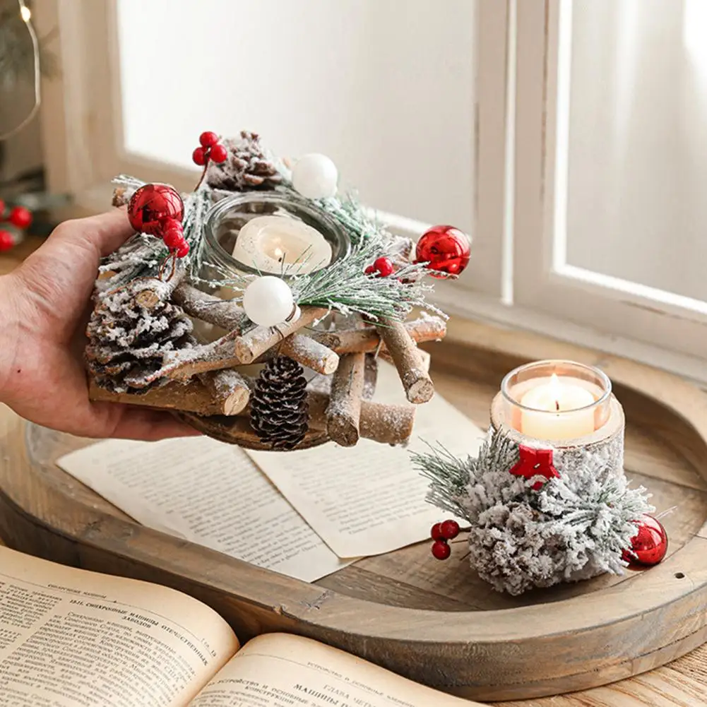 Christmas Candle Holder Snow-covered Artificial Pinecone Berry Tealight Holder Rustic Holiday Candle Holder for Home Party Decor