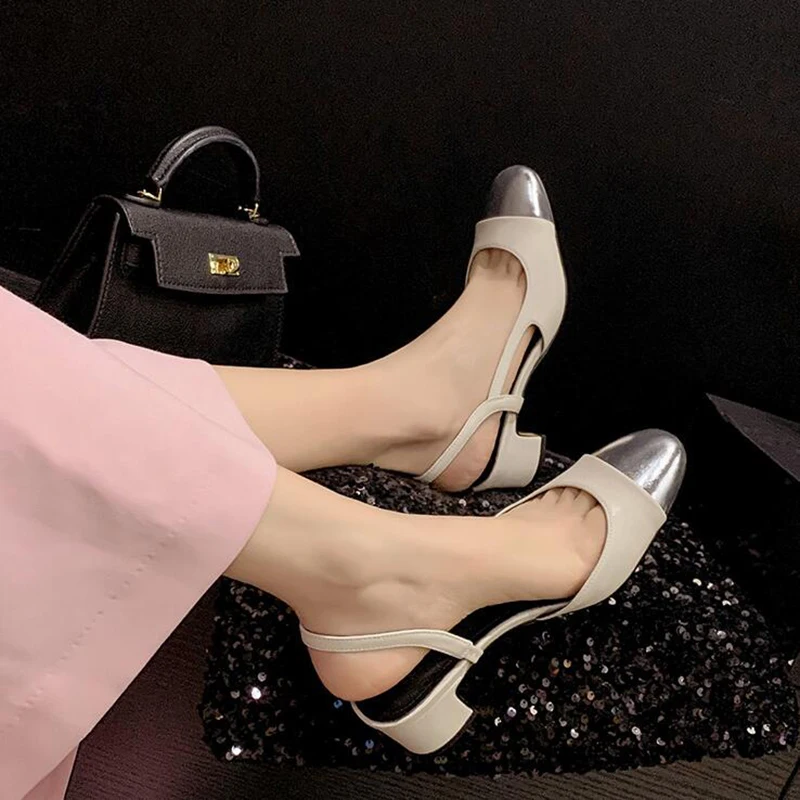 Korean Style Slingback Single Shoes Women Sandals Genuine Leather Patchwork Round Toe Med Heel Elegant Ladies Dress Party Shoes