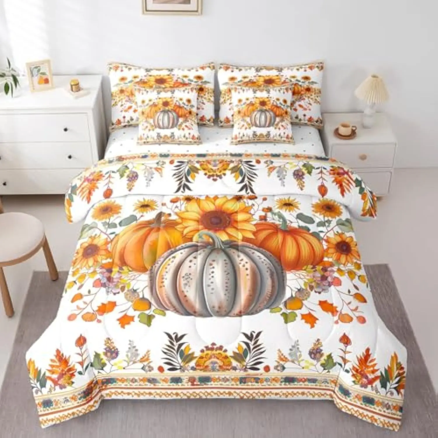

Autumn Harvest Fall Queen Comforter Set - 7 Pieces Bed in a Bag Set,Thanksgiving Pumpkin Bedding Sets Queen with Bohemian Sunfl