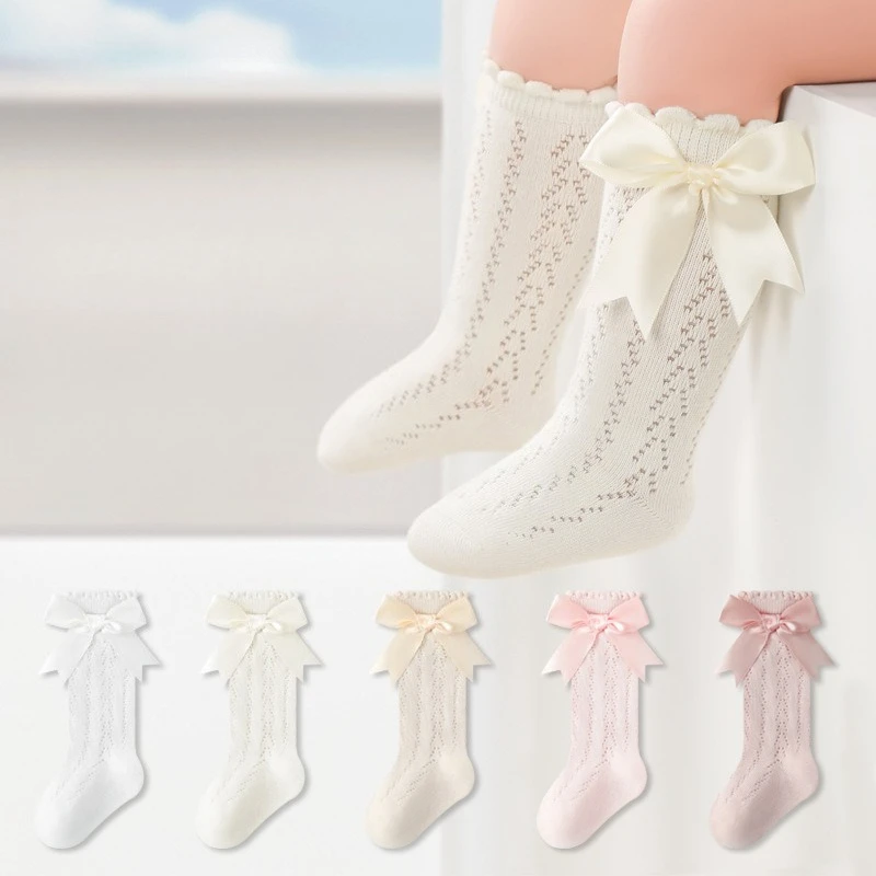 Baby Knee-High Socks Breathable Mesh with Bow Girls' Mid-Calf Socks Boneless Loose Cuff Non-Constricting Cute Princess Socks