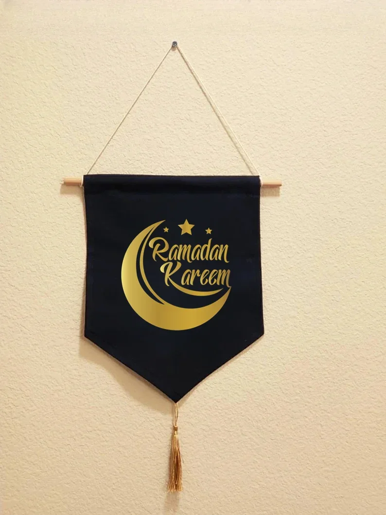 Schwarzer Ramadan Kareem Leinwand Wandbehang Haustürschild Ramadan Banner Home Room Decor Supplies Geschenke für Muslim Eid Favor Geschenk