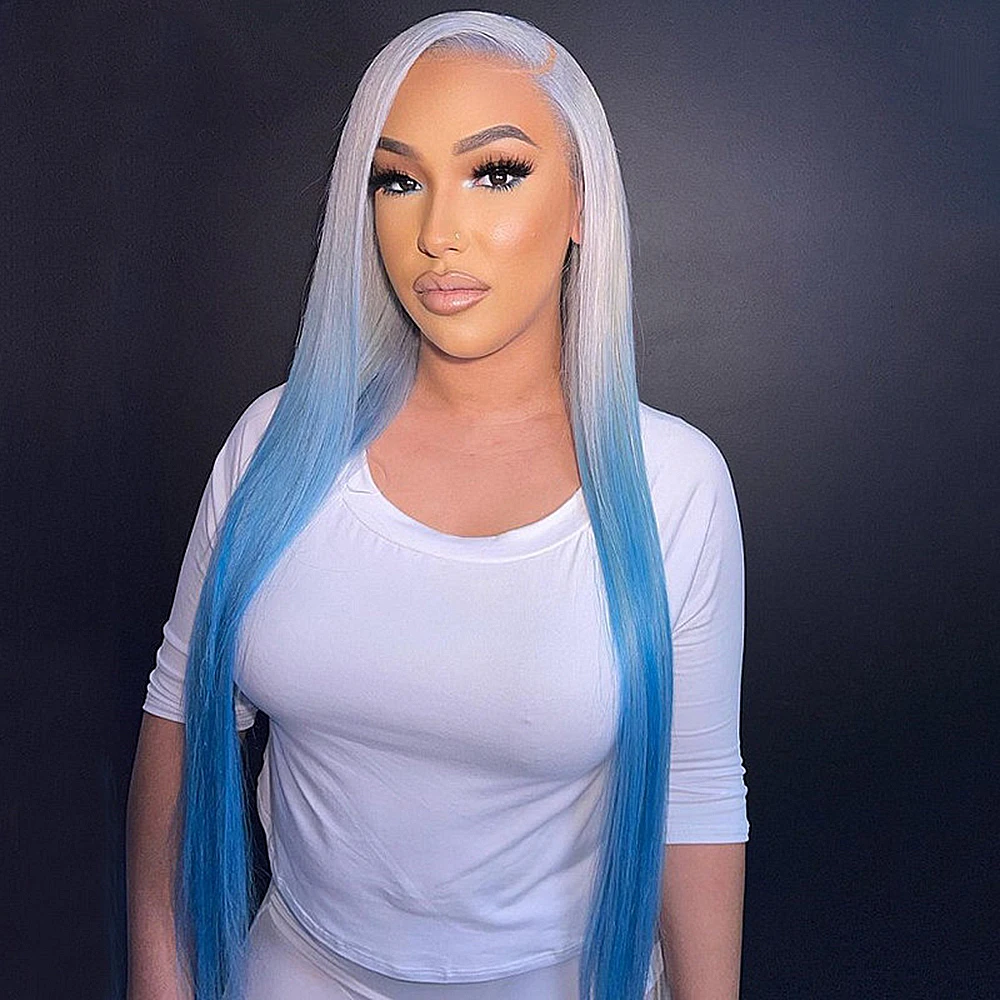 Ombre blue Human hair 360 lace frontal wigs for women gray roots straight HD Transparent 13x4 Lace Front Wigs brazilian hair