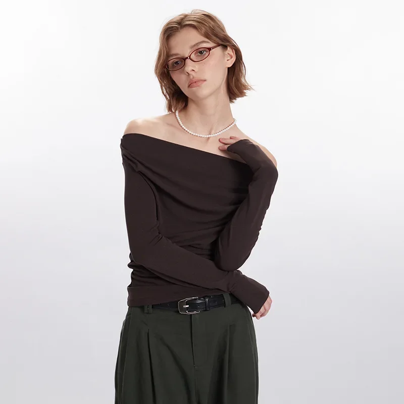 

Новое весеннее поступление 2026, женская футболка с рюшами и длинными рукавами на одно плечо, однотонный элегантный темпераментный облегающий топ