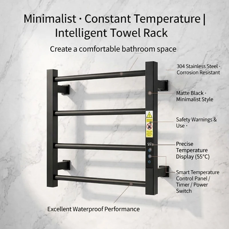 Matte Black Stainless Steel Wall Mounted Hotel Use Bathroom Drying Rack Electric Heated Towel Warmer