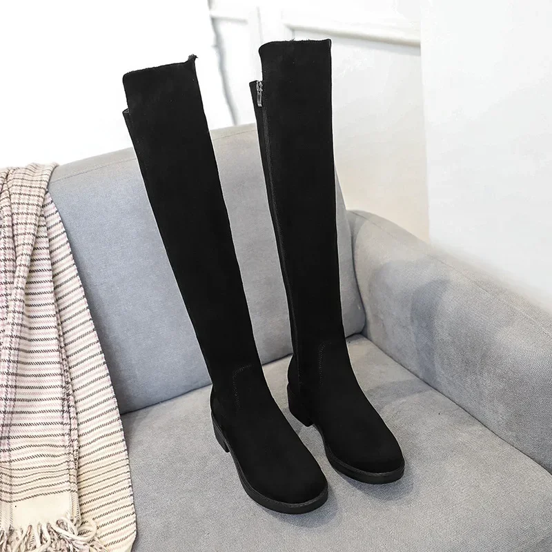 Women Over The Knee Boots Low Square Heels Slim Long Boots Black Lady Winter Shoes Big Size Vc4932