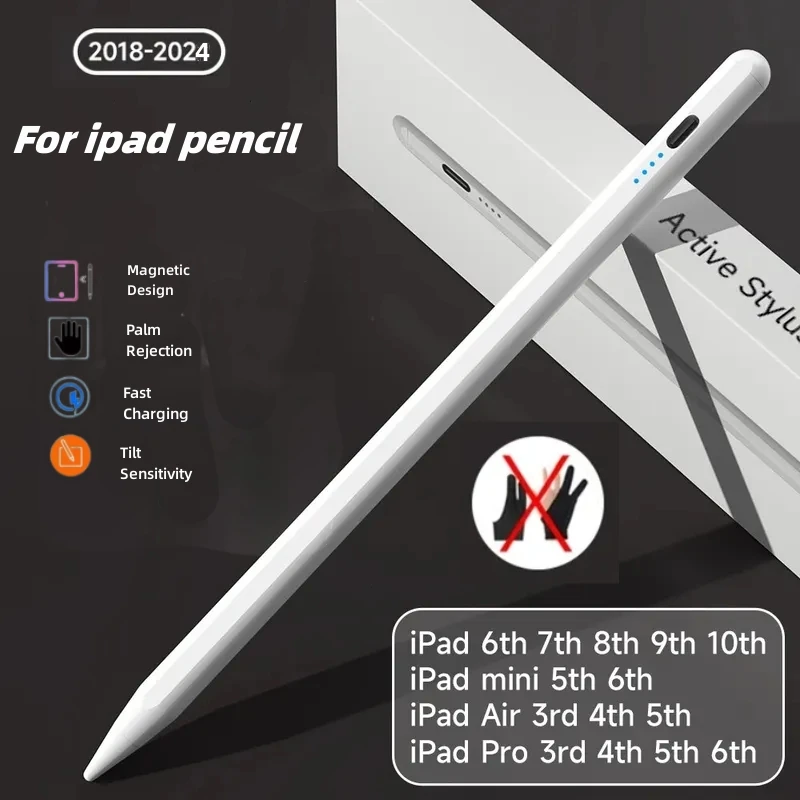 For Apple Pencil 2 1 with palm rejection tilt sensitivity stylus pen for 2018-2024 iPad 6/7/8/9/10, mini 5/6,Air3/4/5, pro 11/12