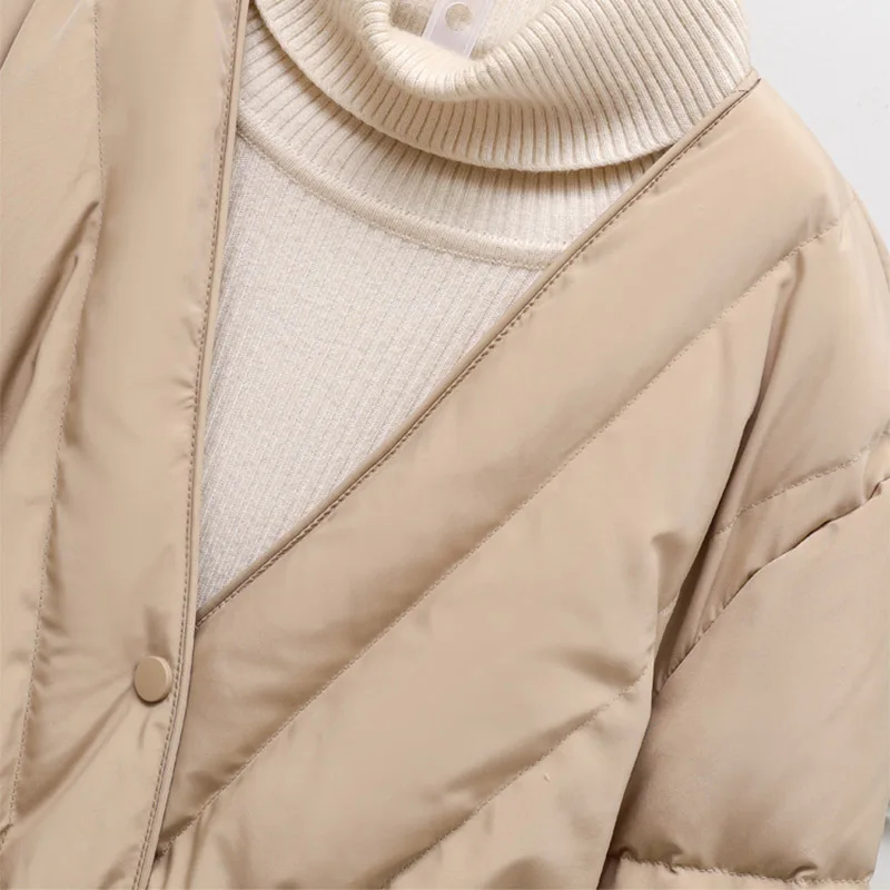 New Women Patchwork White Duck Down Jacket Mid-length V-neck Kint Sleeve Lace-up Fashion Single Breasted Loose Coat Tide Winter