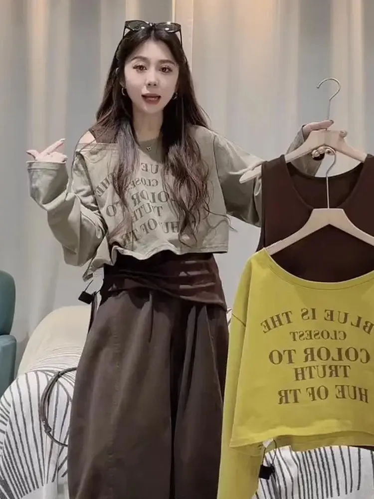 plus Size Casual Style Letter Print Long Sleeve T-Shirt Vest Two Piece Set Women Early Autumn Design Sensation Shoulder Barin...