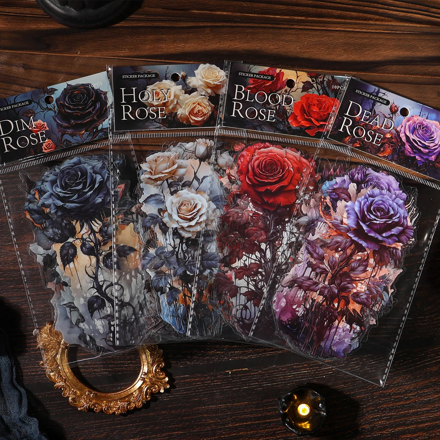 10pcs/pack Dark Night Rose Series PET Stickers Collage Scrapbook Decor Junk Journal Planner DIY Flowers Sticker Stationery