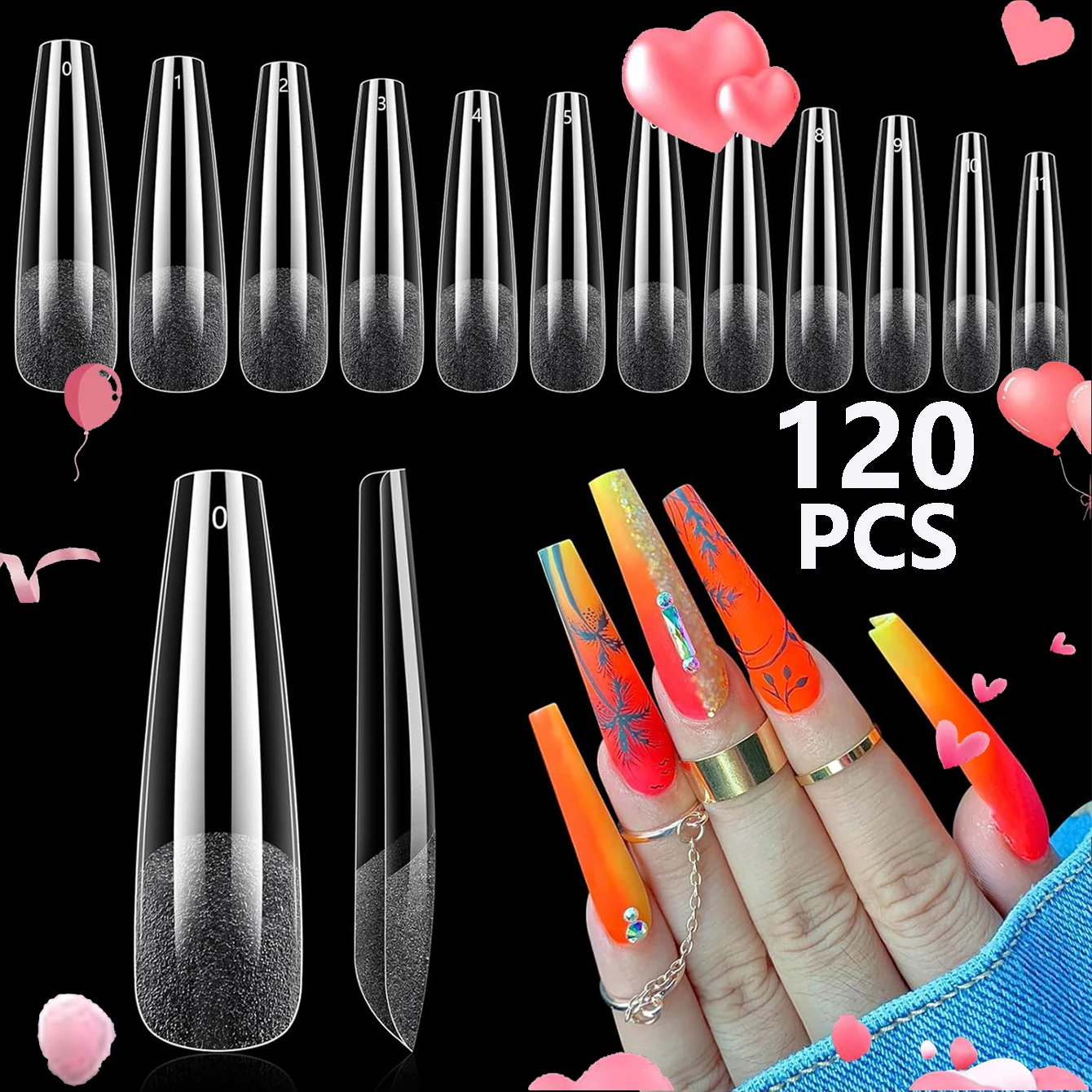 120PCS False Nails Semi-Frosted Clear Coffin Fake Nail Tips Press on Nails Soak Off Full Cover Nail Capsule For Extension