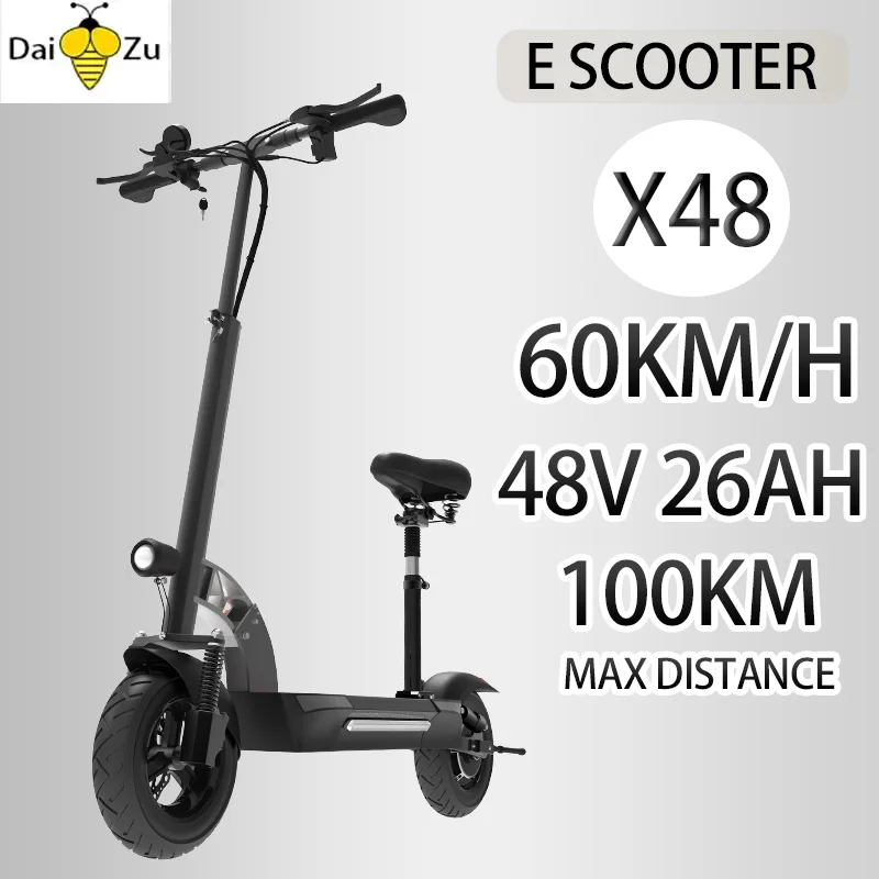 1200W Single Motor Electric Scooter 60KM/H Max Speed E Scooter 48V 26AH Li-Battery 10 Inch Road tire for Adults Max Range 78KM