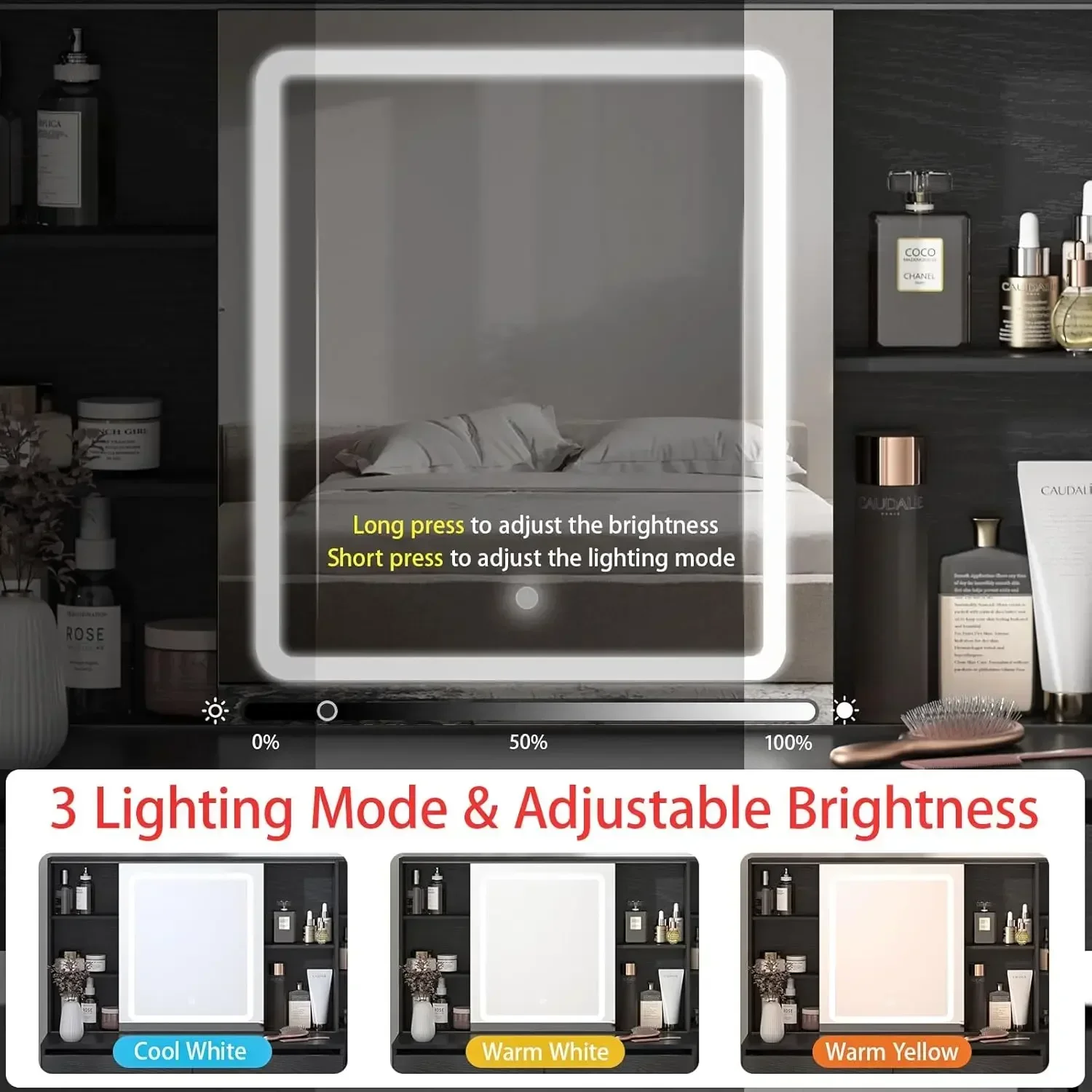 할인된 가격! 슬라이딩 거울이 있는 화장대, 3가지 색상 조명이 있는 화장대, 의자가 있는 화장대 세트