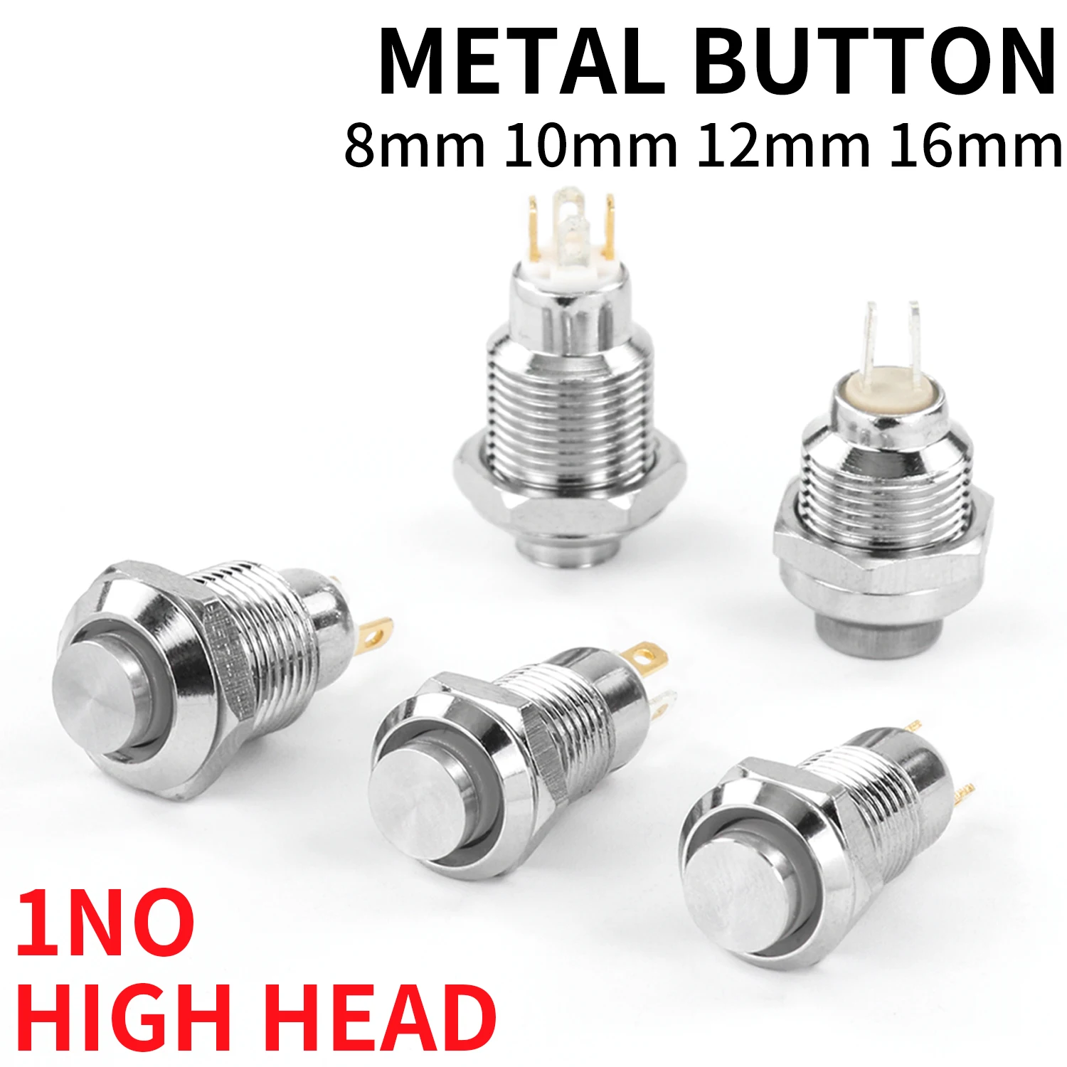 1NO High head Waterproof Metal Push Button Switch LED Light Self-locking/reset 3/6/12/24/220V 8/10 12 16mm Nickel Plated Brass