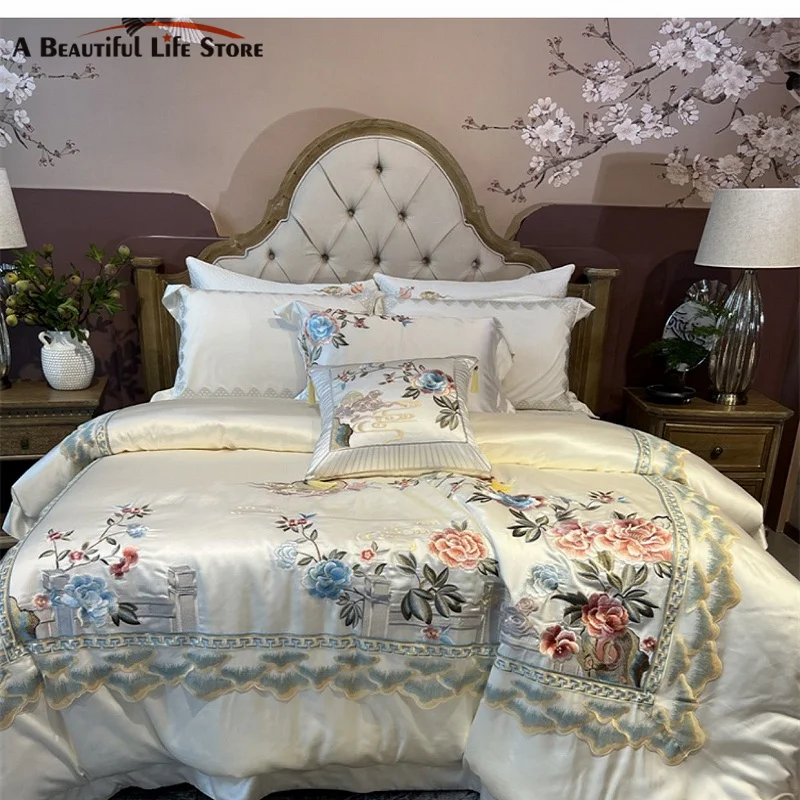 High Precision Brocade And Egyptian Cotton Peony Flowers Embroidered Bedding Set Duvet Cover Set Bed Sheet Bedspread Pillowcase