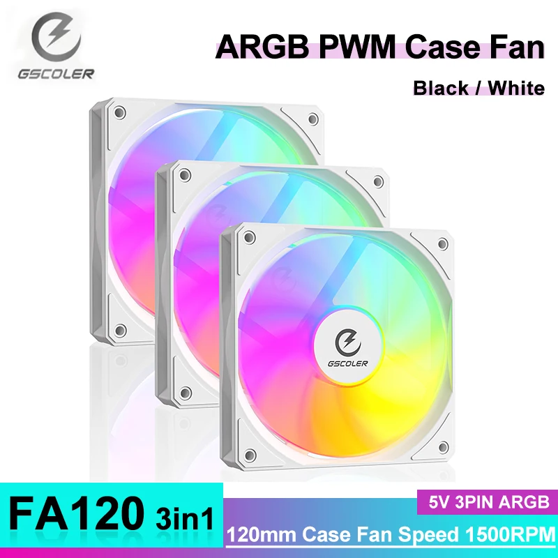 

GSCOLER FA120 3in1 Computer Case Fan 5V 3Pin ARGB PWM 120mm Water Cooler CPU Cooling Fan Kit White Desktop Chassis Fans