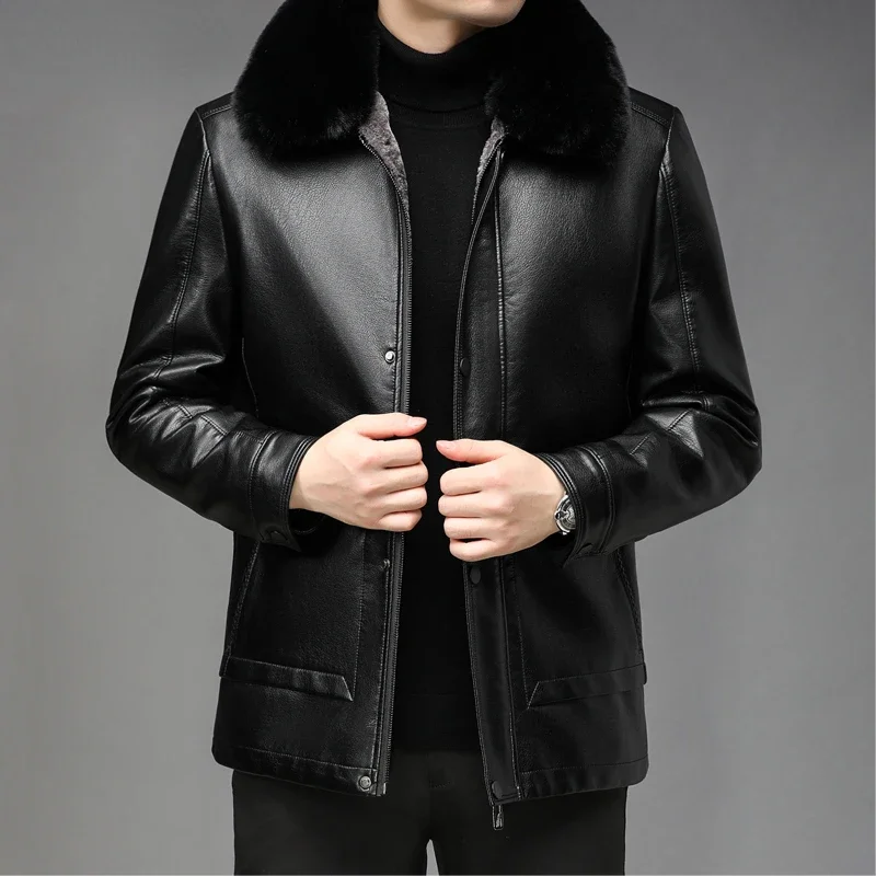 Loose Men's Genuine Leather Jackets Winter Thickened Warm Coat Fur Collar Fashion Split Leather Jacket Men Clothing Plush Abrigo