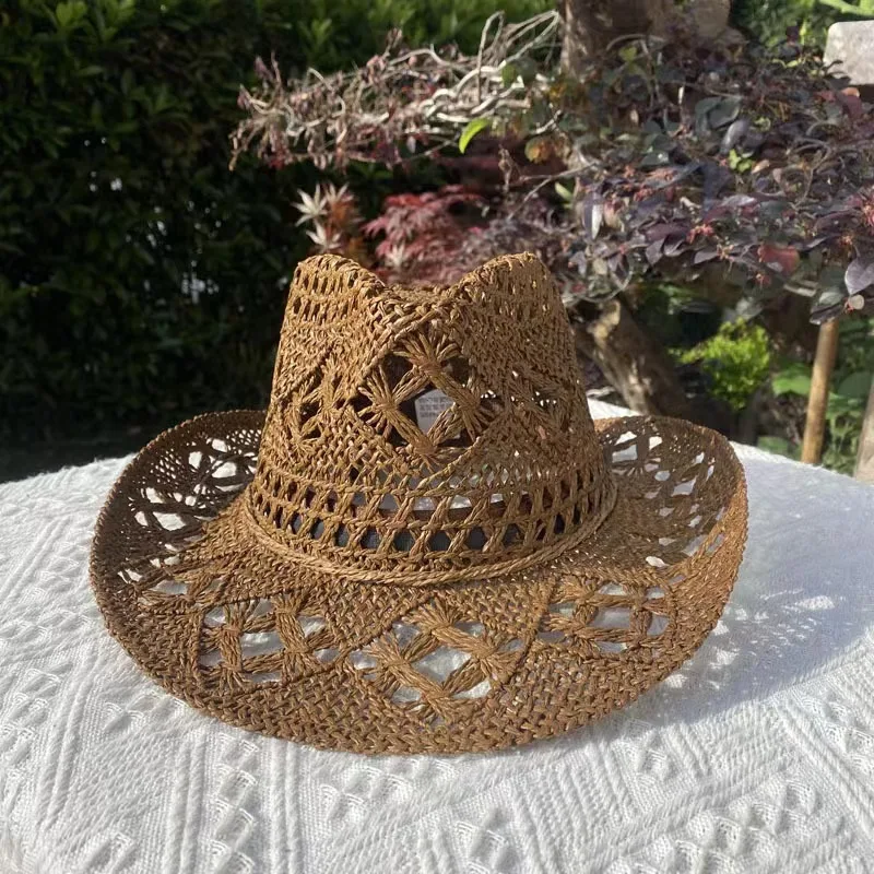 Sombrero de paja de vaquero occidental para mujer, sombrero de paja de ala grande al aire libre para fiesta a la moda, sombrilla de vaquero de