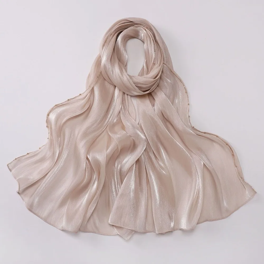 High Qulaity Solid Color Silk Scarf Shining Unilateral golden chain Chiffon Hijab Veil Long Chiffon Sunscreen shawl Outdoor