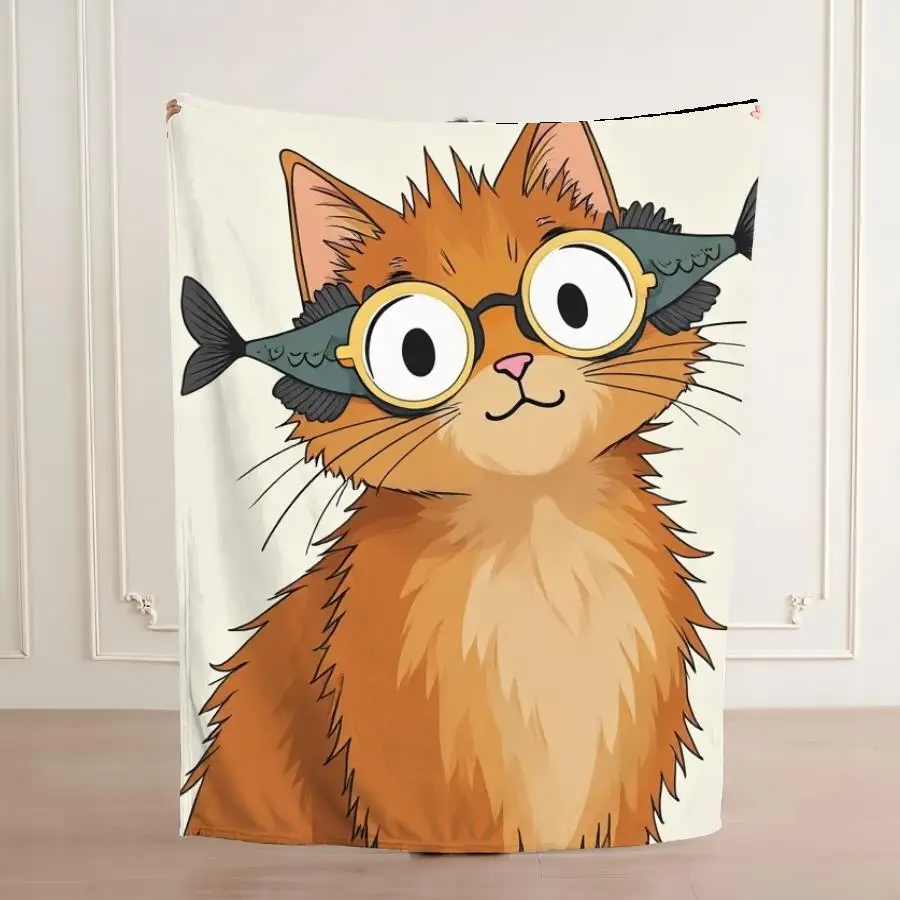 Weighted Blanket Suitable for Cat Lovers - Orange Tabby Kitten & Fish Design, Soft Warm 280 GSM Flannel Throw, Machine Washable Bedspread for Sofa, Bed, - Cozy Gift for &, Contemporary Hand-Drawn Animal Bedding