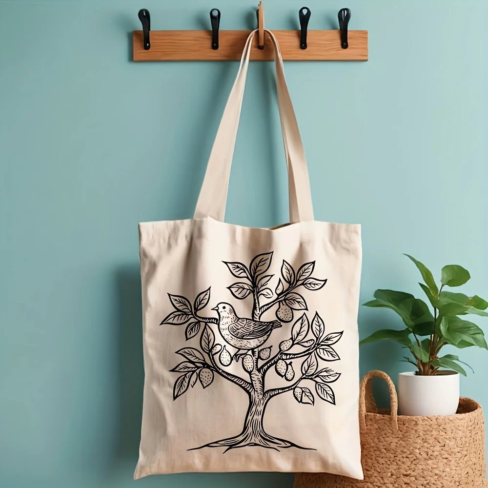 Vintage Line Art Bird Fruit Tree Shoulder Bag, Black Sketch Sparrow, Leaves & Pear Tree Print, Minimal Nature Carry Bag