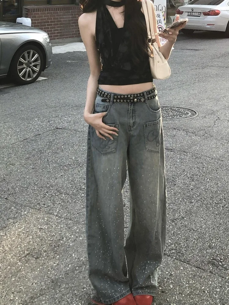 Celana Jeans Wanita American Heavy Du Star Rhinestone Musim Panas Longgar CleanFit Serbaguna Model Kaki Lebar Panjang Menyentuh Lantai Trendi