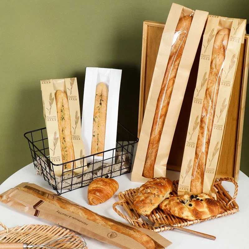 100 pcs Oil Proof Kraft Paper Yogurt Bread Bread Bags Soft Baguette Baking Packaging Dharma Stick Long Strip Packaging Paper Bag