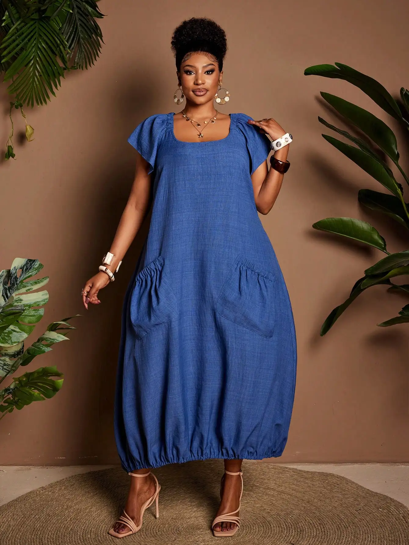 

Plus Size Women Casual Solid Color Linen Dress With Pockets And Ruffle Hem