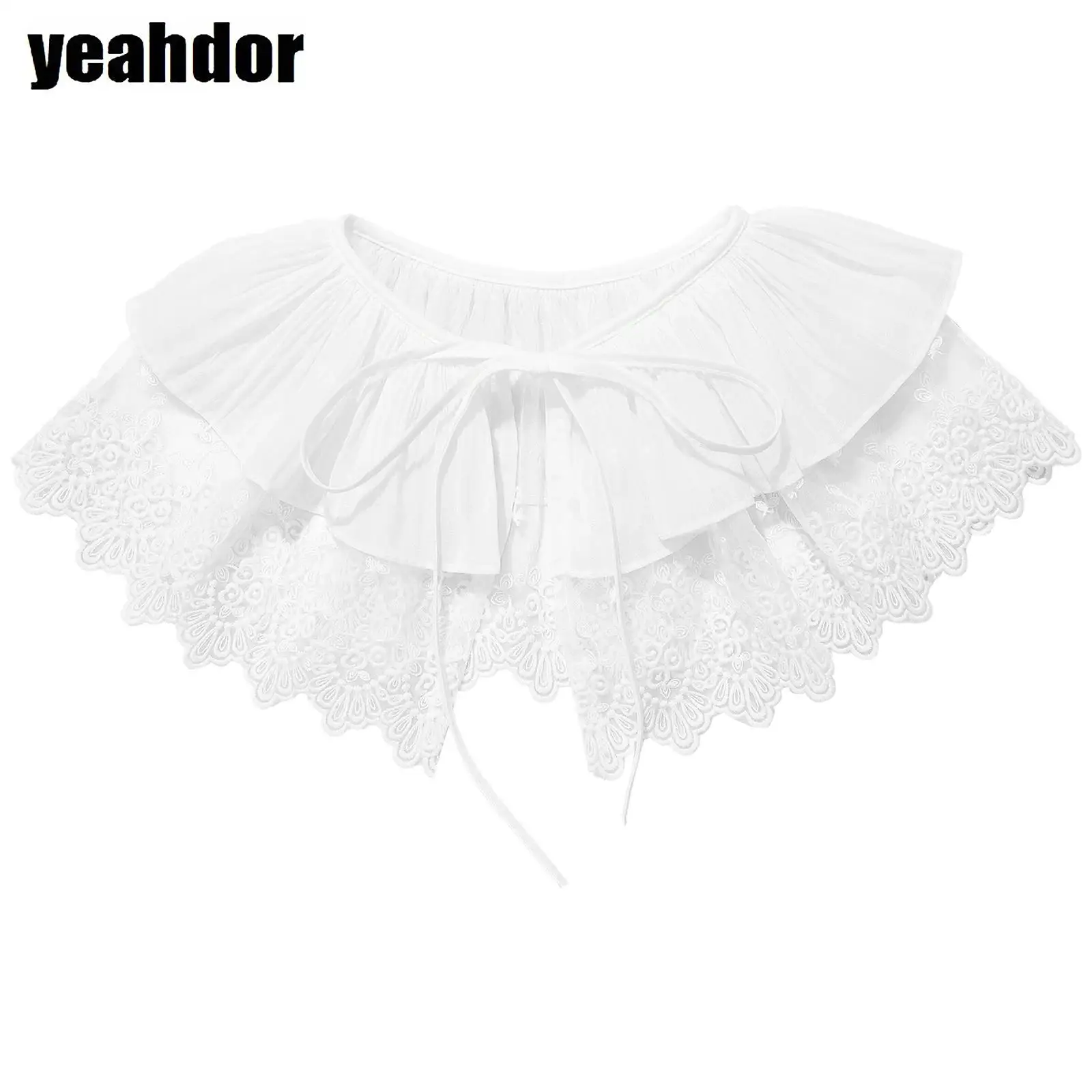 

Women Girls Mesh Lace Fake Collar Sun Protection Self-tied Fake Collar Cape with Small Plush Balls for Halloween Cosplay Party