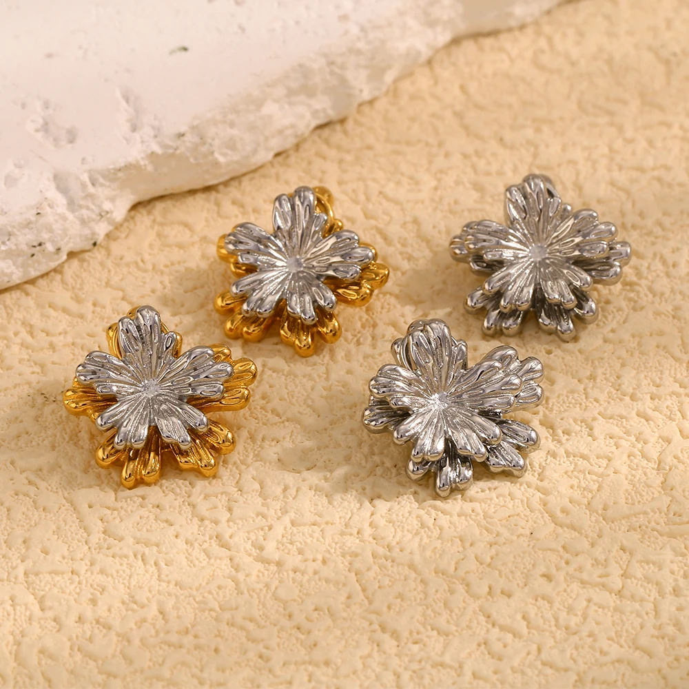 E.B.belle طبقة مزدوجة مزيج اللون زهرة صغيرة القرط رائعة الفولاذ المقاوم للصدأ 18 كيلو الذهب النساء مجوهرات للحزب هدية سحر #6